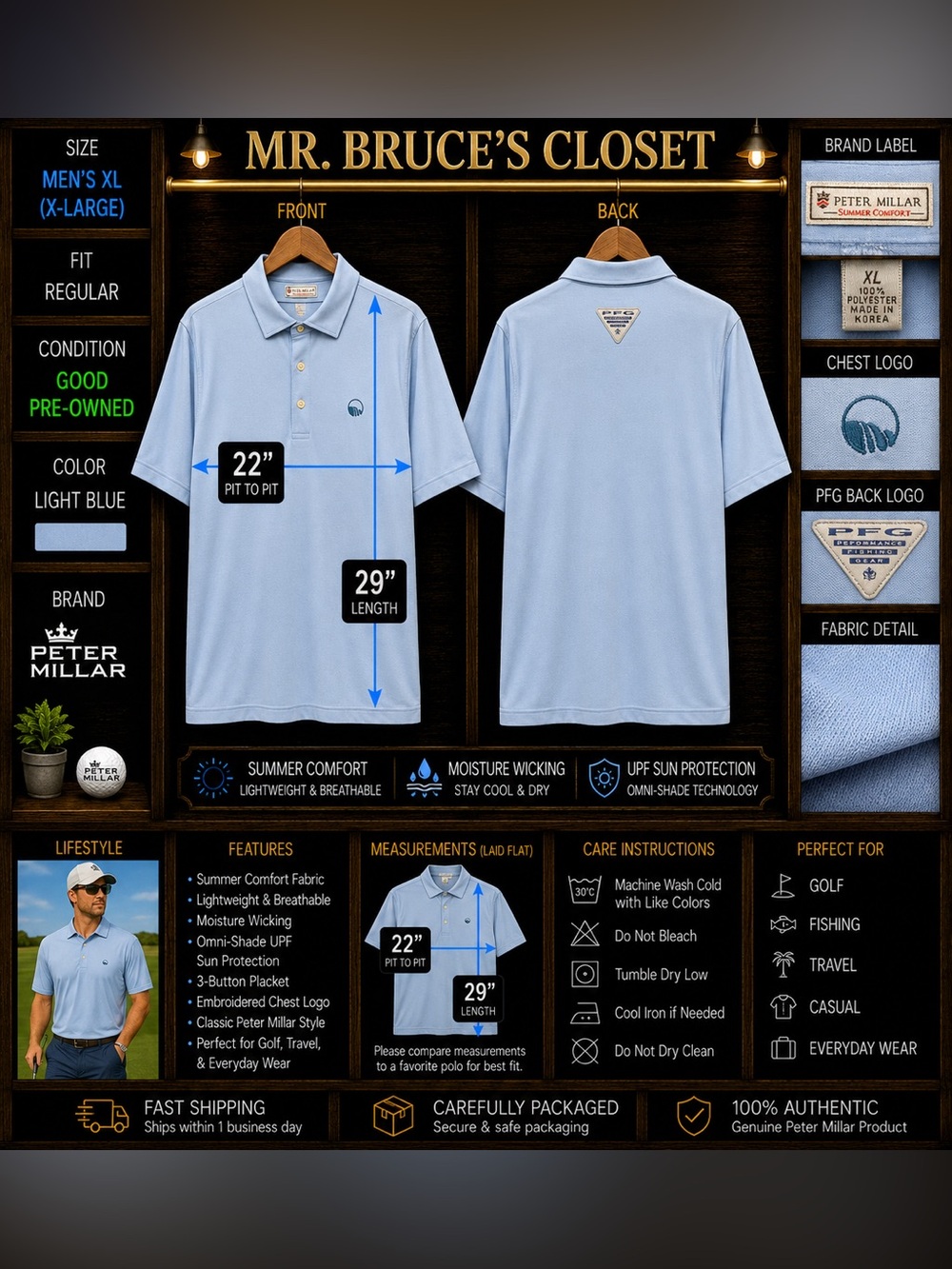 Peter Millar Light Blue Men’s Polo Performance Shirt